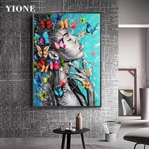 Ocean Plant Vine Butterfly Girl Canvas Painting Abstract African Nude Woman Wall Art Poster Prints Home Decor Picture for Living