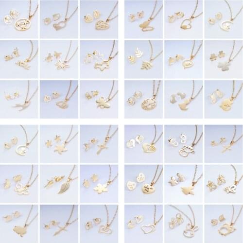 10 Sets Wholesale Gold Color Stainless Steel Punk Rock Necklace Earring Kit Jewelry Sets Animal Heart Necklace Sets for Women