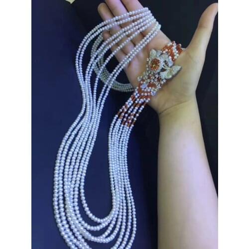 Gemstone jewelry real natural fresh water pearl necklace 3-4MM small pearl necklace mutli layers cultured pearl 925 silver long