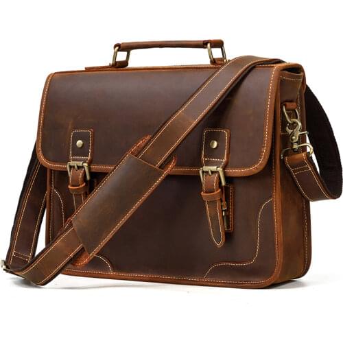Luufan Vintage Mens Business Briefcase Genuine Leather 14" PC Laptop Handbag Cowhide Computer Messenger Bag Work Tote For Man