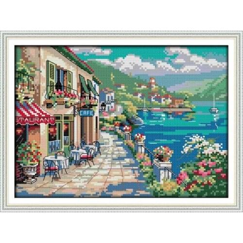 Seaside Cafe Embroidery Needlework Patterns Stamped Cross Stitch Kit 11CT 14CT Counted Thread Fabric DIY Home Decor Painting Set