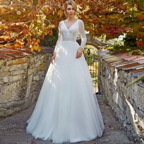 Romantic Double V-neck Long Sleeves Wedding Dresses A-line Robe de Mariee 2020 Lace Bridal Gown Customized