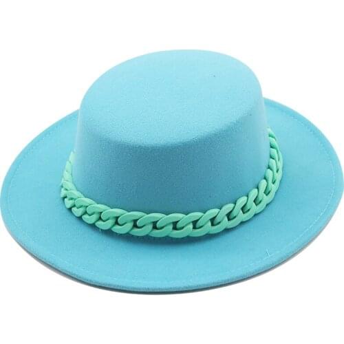 2021 New Women Flat Top Wide Brim Solid Color Church Wedding Party Fedora Hats with Chain Casual Autumn Winter Fedora Hats