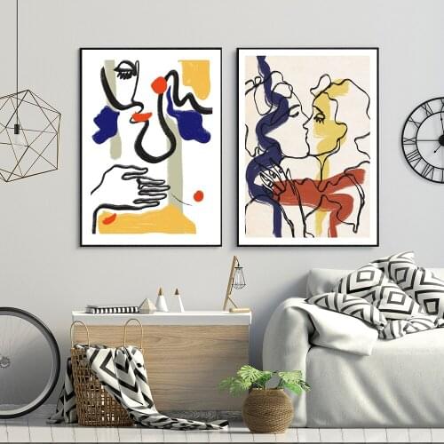Nordic Minimalist Abstract Line Kiss Art Posters Prints Vase Canvas Painting Wall Pictures For Living Room Bedroom Home Decor