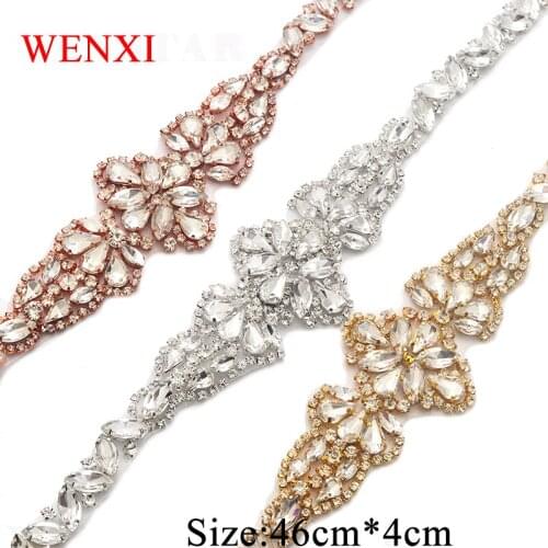 WENXI 10pcs Wholesale Bridal Rhinestone Applique Rose Gold Crystal Beaded Sew On Wedding Dress Sash