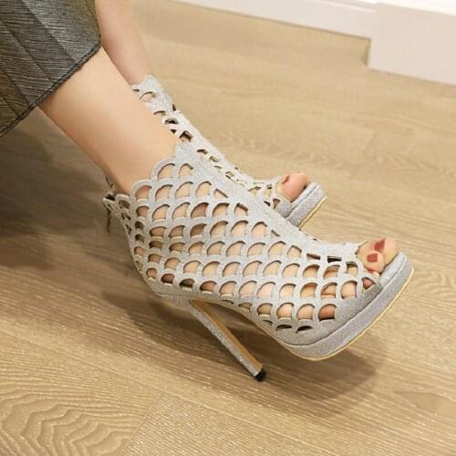 ZawsThia 2021 Peep Toe Hallow Laser Cut-out Fish Scale Design Sexy Platform Womens Stripper Heels Extra Big Size 51 52 Sandals