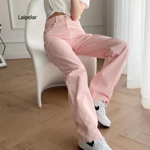 Women Pantalon loose Legs Jeans Washed full length High waist Baggy denim pants pocket fashion Straight Cylinder Trousers