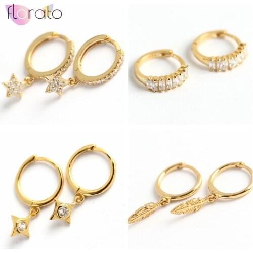 Genuine 925 Sterling Silver Round/Star/feather Hoop Earrings for Women Gold Color Earrings Sterling Silver Jewelry Gift A30