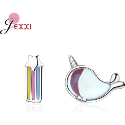 925 Sterling Silver Earrings For Women Jewelry Cute Asymmetry Crystal Whale Rainbow Meteor Stud Earrings Girl Party Accessories