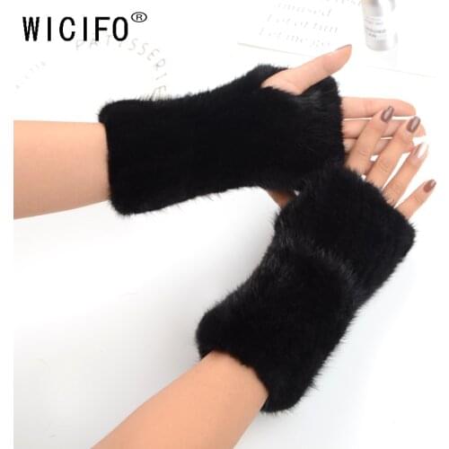 Wucifo 2019 Winter Fashion mink Fur Gloves Half Finger Genuine Leather Gloves Sheep Skin Rabbit Fur Half Finger Fingerless Mouth