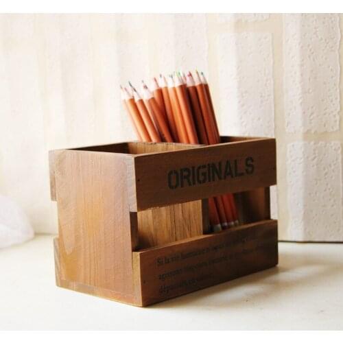 1PC Creative Retro Wood Pen Holders 2 Grids School Office Students Pencil Holder Desktop Storage Box Home Office Storage NL 012