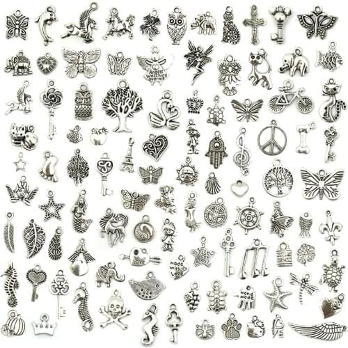 300pcs Charms for Jewelry Making Mixed Smooth Tibetan Silver Metal Pendants for DIY Necklace Bracelet and Crafting