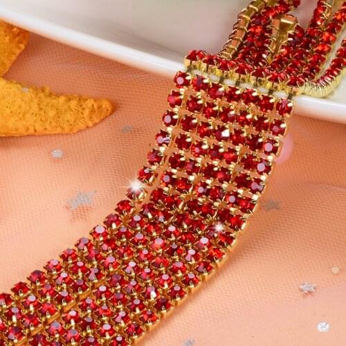 5yard/piece Red Crystal Glass Rhinestones chain Gold bottom DIY Wedding dress and Mobile phone shell SIJISHUIZUAN