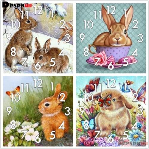 Full Diamond Painting Cross Stitch kit Animal Rabbit With Clock Mechanism Mosaic 5D Diy Square Round 3d Embroidery Gift HD101