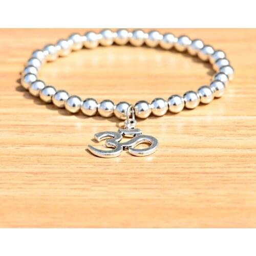 2020 Fashion Women Jewelry 6mm Silver Color Beads OM Charm Yoga Strand Bracelet Beads Buddha Chakra Elastic Bracelet Bileklik