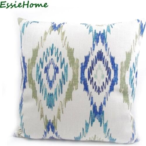 ESSIE HOME Factory Direct Sell High-End Hand Print Light Blue Ikat Pattern Pillow Case Cushion Cover For Sofa Vintage Look Home