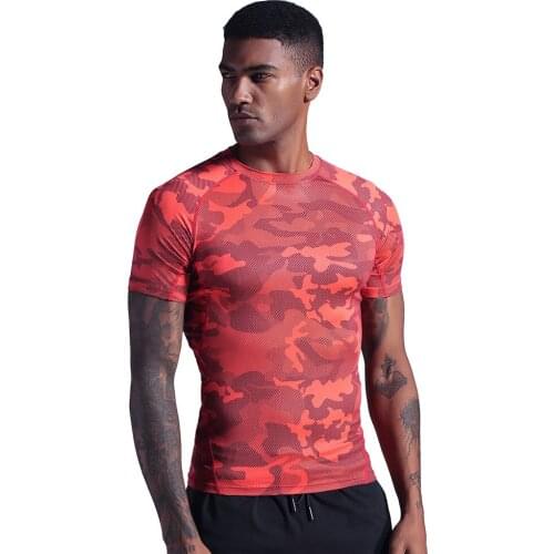 Mens Short Sleeve Polyester Skinny Red Print T-shirt Gym Fitness Bodybuilding Workout T-shirt Mens Summer Fitness Wear