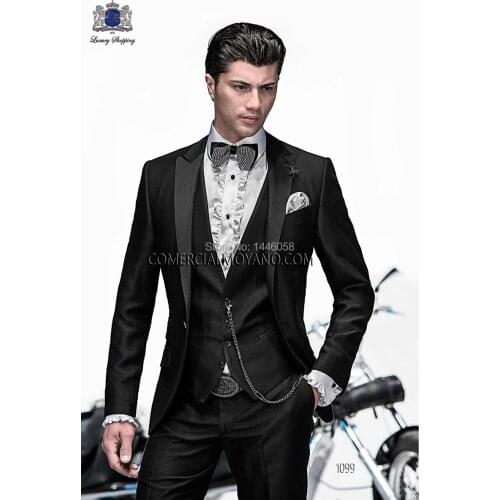 Italian Men Tailcoat Black Notch lapel Wedding Suits For Men Groomsmen Suits Groom Tuxedos For Men Bridegroom (Jacket+Pant+Vest)