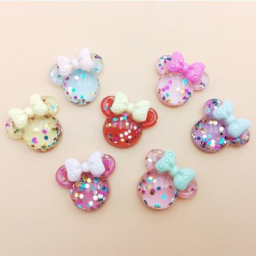 20Pcs/lot Kawaii Glitter Cartoon Bow Head Flatback Resin Cabochon for Kids Hair Bow Center Accessories DIY Phone Decor