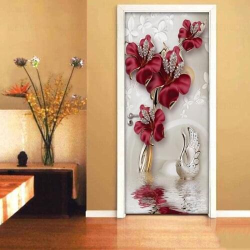 Red Flower Butterfly Jewelry 3D Door Stickers Home Decor Modern Living Room Bedroom Door Decoration Sticker Wall Mural Wallpaper