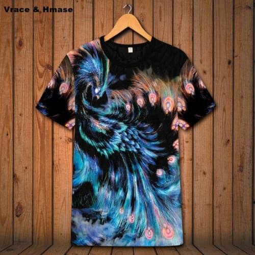 Creative 3D peacock pattern exquisite printing short-sleeved t shirt Summer 2018 New hollow breathable quality t shirt men S-6XL