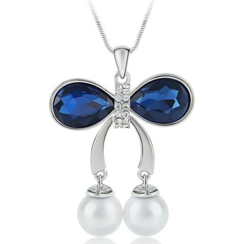 LongWay Bow Pendants Crystal With Pearl Pendant Necklace Woman Silver Snake Chain Long Necklaces For Women SNE190325