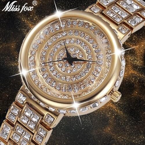 MISSFOX Super Shiny Quartz Watch Women Round Gold Plated Black Analog China Watches Rhinestone Ouro Shockproof Waterproof Watch