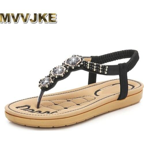 MVVJKE Summer Women Rhinestones Flat Beach Sandals Female T-strap Flip Flops Tong Elastic Band Ladies Gladiator Women Sandals