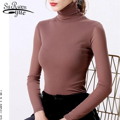 New Fashion Plus Size Womens Clothes Fall Korean Solid Long Sleeve Turtleneck Slim Women Blouse Shirt Chemisier Femme 5912 50