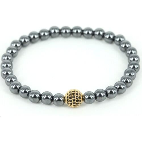 2016 New Sale 6mm Hematite Bracelet with Gold Color Brass Micro Pave CZ Beads Bracelet Charm Stretchy Men Bracelet