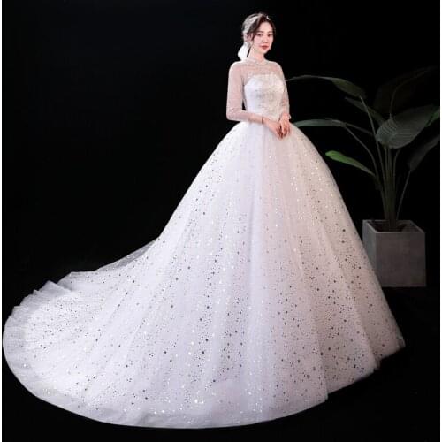 2021 New Long Sleeve Wedding Dress With Train Classic Sequins Ball Gown Light Wedding Gown Wedding Dresses Plus Size