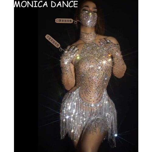 Nightclub Sparkly Rhinestone Fringe Transparent Tassel Bodysuit for Women Dancer Leotard Celebrate Outfit Bar Birthday Costumes
