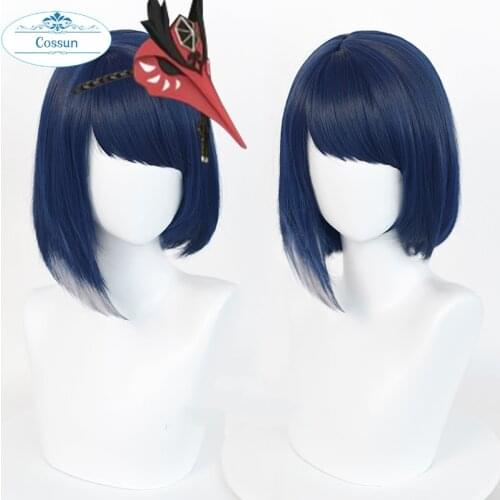 Game Genshin Impact Kujou Sara Cosplay 35cm Short Purple Wig with Bangs Women Anime Party Halloween Costume Hair free Wig Cap