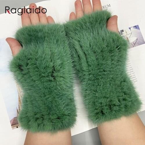 Winter Gloves for Women Natural Mink Fur Knitted Fingerless Solid Warm Elastic Gloves