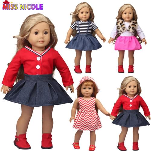 Girls Gift 18'' Fashion Doll T-shirt Jean Skirt Set Retro Red For 43 Cm New Baby Born American Toys Accessories Dolls Clothes