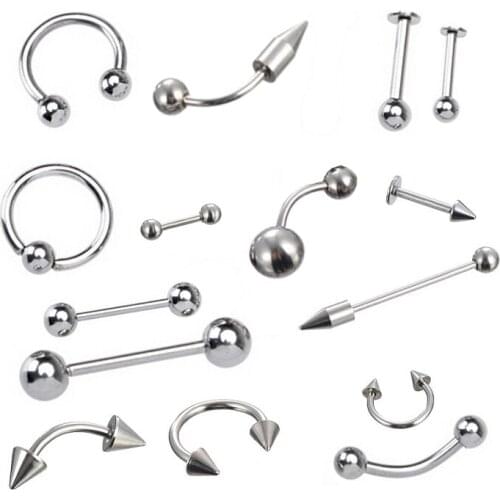 Titanium Stainless Steel Tongue Labret Nose Nails Ear Studs Eyebrow Lip Nipple Rings Navel Piercing Jewelry Mixed 15designs/set
