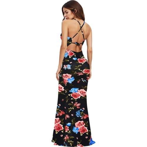 Women Sexy Dress O Neck Floral Print Bandage Backless Summer Party Dress Summer Beach Maxi Dresses Robe #G2