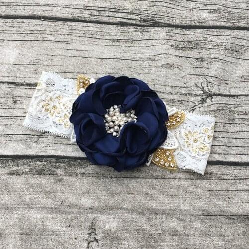 Navy Blue Flower white Gold Headband