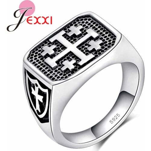 Vintage 925 Sterling Silver Black Two Cross Signet Ring Prayer Christmas Party Jewelry Jesus Religious Cocktail Valentine