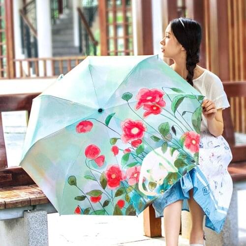 TIANQI High Quality Fresh Painting Balck Glue Outside Umbrellas Women Rain Umbrella Sun Protection paraguas