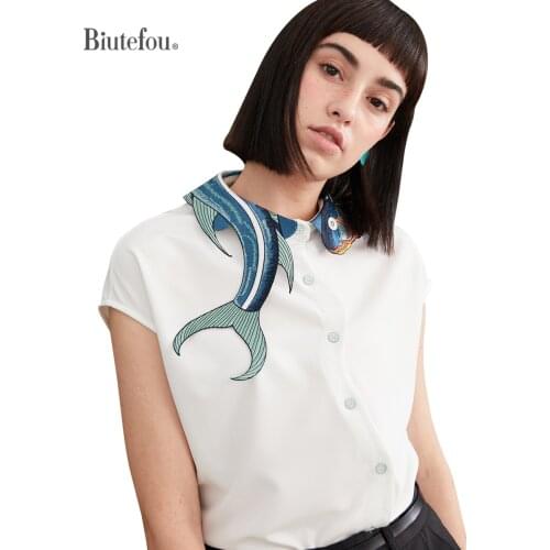 2021 Summer Women Irregular Koi Fish Embroidery Sleeveless Shirt