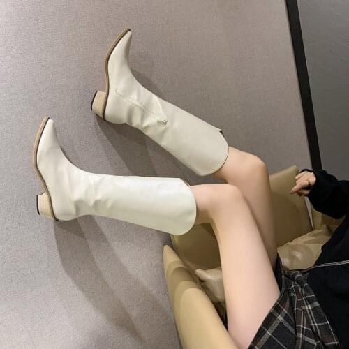 2021 New INS Women Beige High Heels Wedges Long Boots Lady Riding Cowboy Boots Autumn Designer Pointed Toe Knee-High Boots