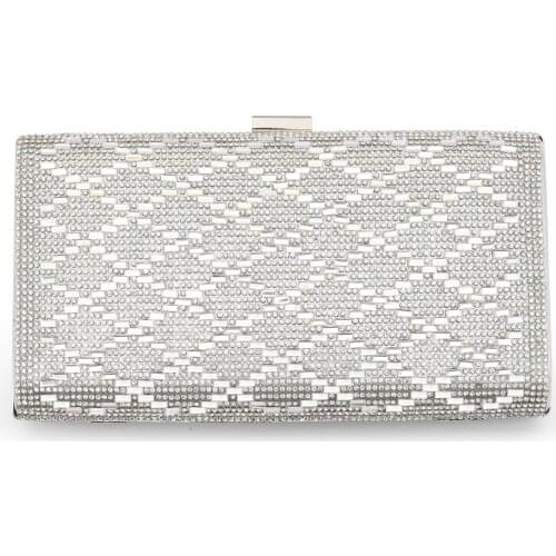 Woman Clutch Bag Metal Frame Evening Hard Case Handbag Sparkling Rhinestones Shining Slim Paillette Decor Shoulder Bag Sliver