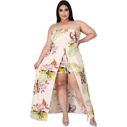 Plus Size Rompers Flower Printed Lace Up Casual Design Off Shoulder Sleeveless Short Jumpsuit Wholesale