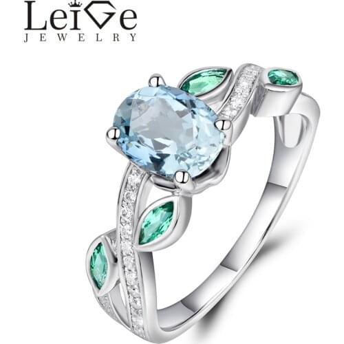 Leige Jewelry Oval Cut Natural Aquamarine Ring with Emerald Side Stones 925 Silver Engagement Rings for Women Christmas Gift