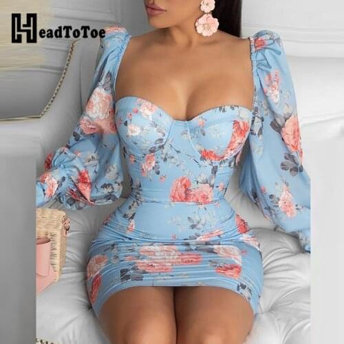 Floral Print Lantern Sleeve Bodycon Dress Women Sexy Low Cut Square Neck Skinny Mini Dress