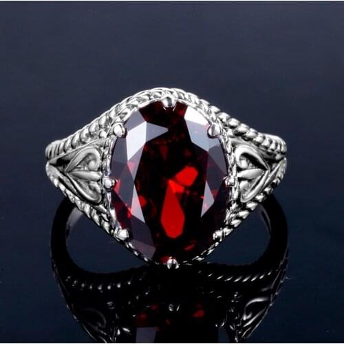 Red Garnet Stone Silver 925 Ring Women Vintage Large Oval Gothic Rings Female Royal Byzantine Style Retro Jewelry Gemstones Ring