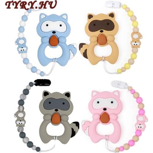 TYRY.HU 1pc Silicone Teether Beads Cartoon Pacifier Chain Baby Teething Nursing Pacifier Clips Raccoon Silicone Teether Necklace