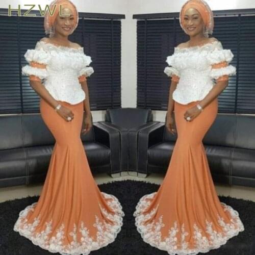 Aso Ebi Glamorous Mermaid Prom Dresses Off Shoulder Lace Appliques Short Sleeve Party Dress 2020 Evening Gowns