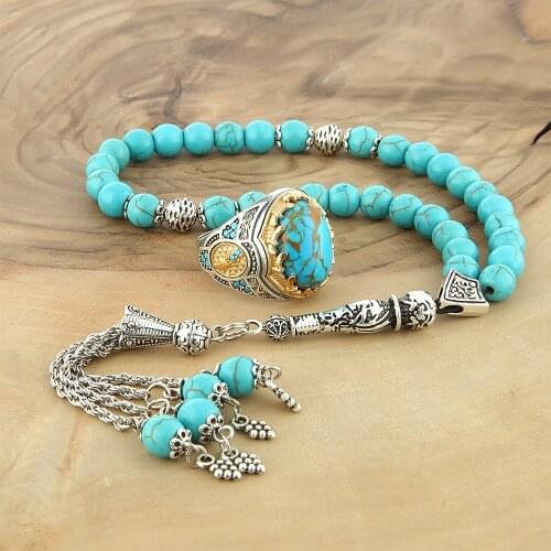 Turquoise Male Set 925 Sterling Silver Prayer Beads Ring Jewelry